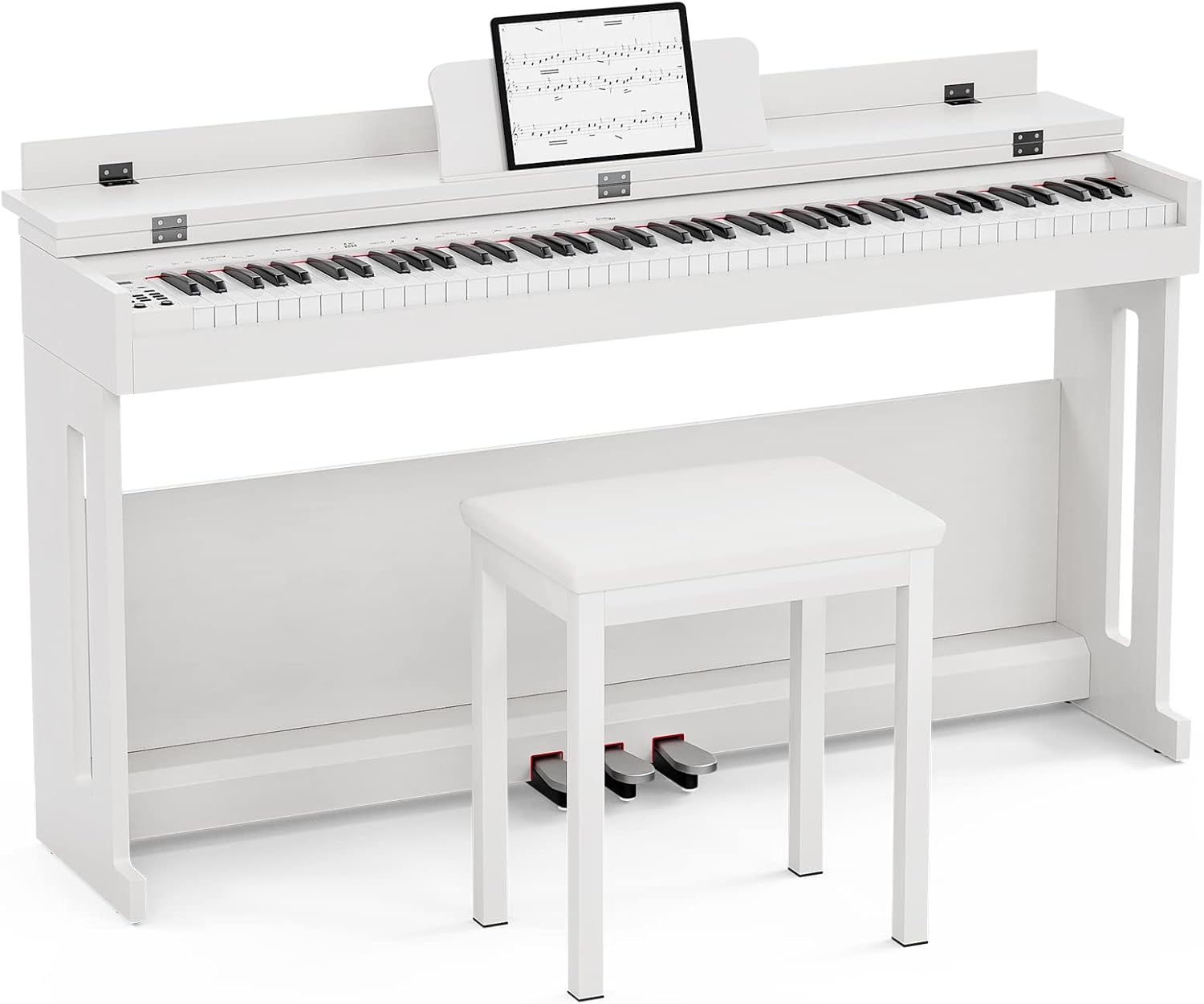 Umomo 88-key weighted digital piano in white with a tablet on the music rest, three pedals underneath and a white padded bench