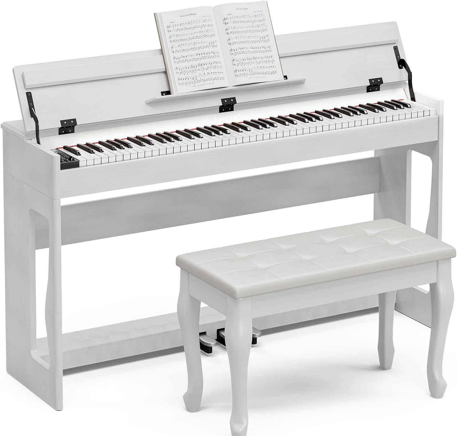 Umomo 88-key weighted digital piano in white with the lid raised, sheet music on the rest and a wide curved-leg duet bench