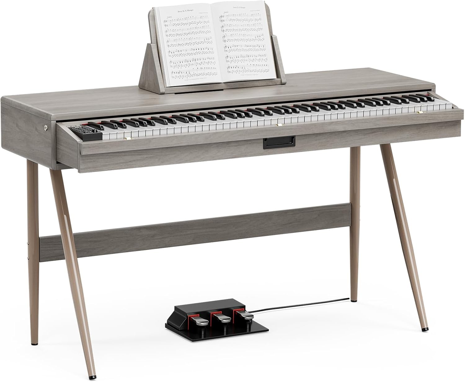 Umomo 88-key weighted digital piano in gray oak with tapered metal legs, a removable music stand, a pull-out drawer and a three-pedal floor unit