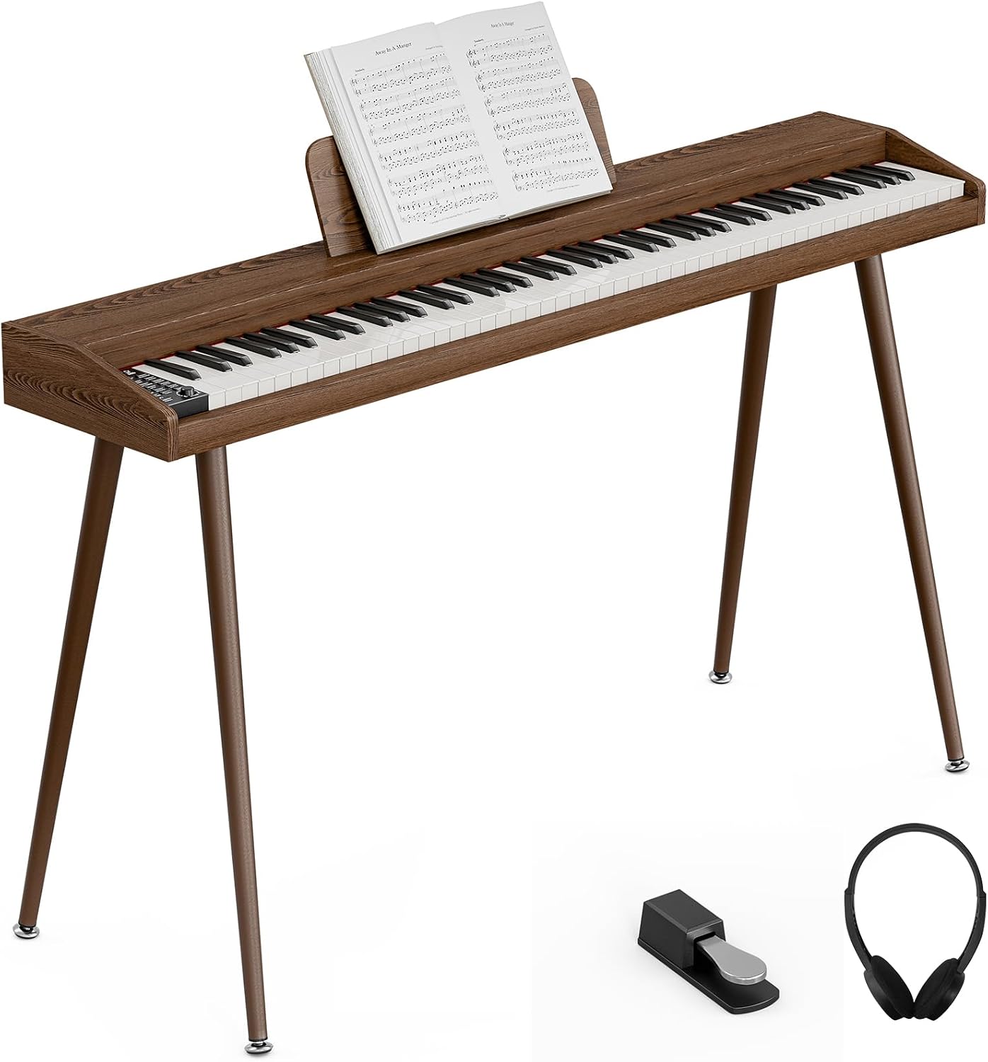 Umomo 88-key weighted digital piano in walnut on four tapered metal legs, shown with its single sustain pedal and a pair of headphones