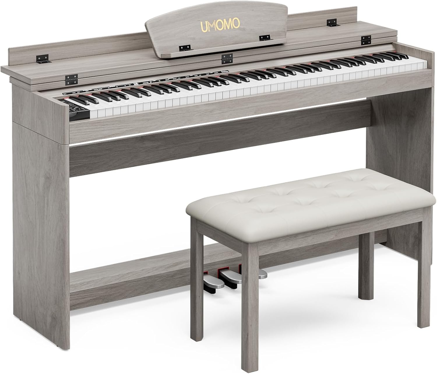 Umomo U-720 88-key digital piano in a gray oak cabinet with the key cover open and the matching storage bench pulled out