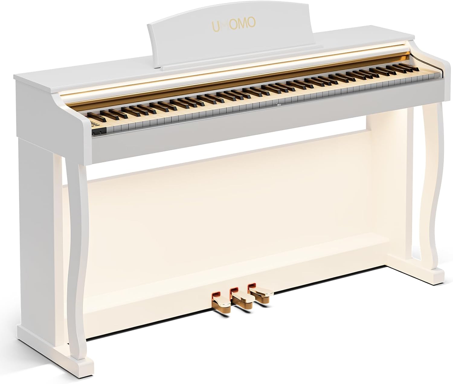 Umomo U-732 88-key weighted digital piano in white with a warm LED strip lighting the keys and three gold pedals