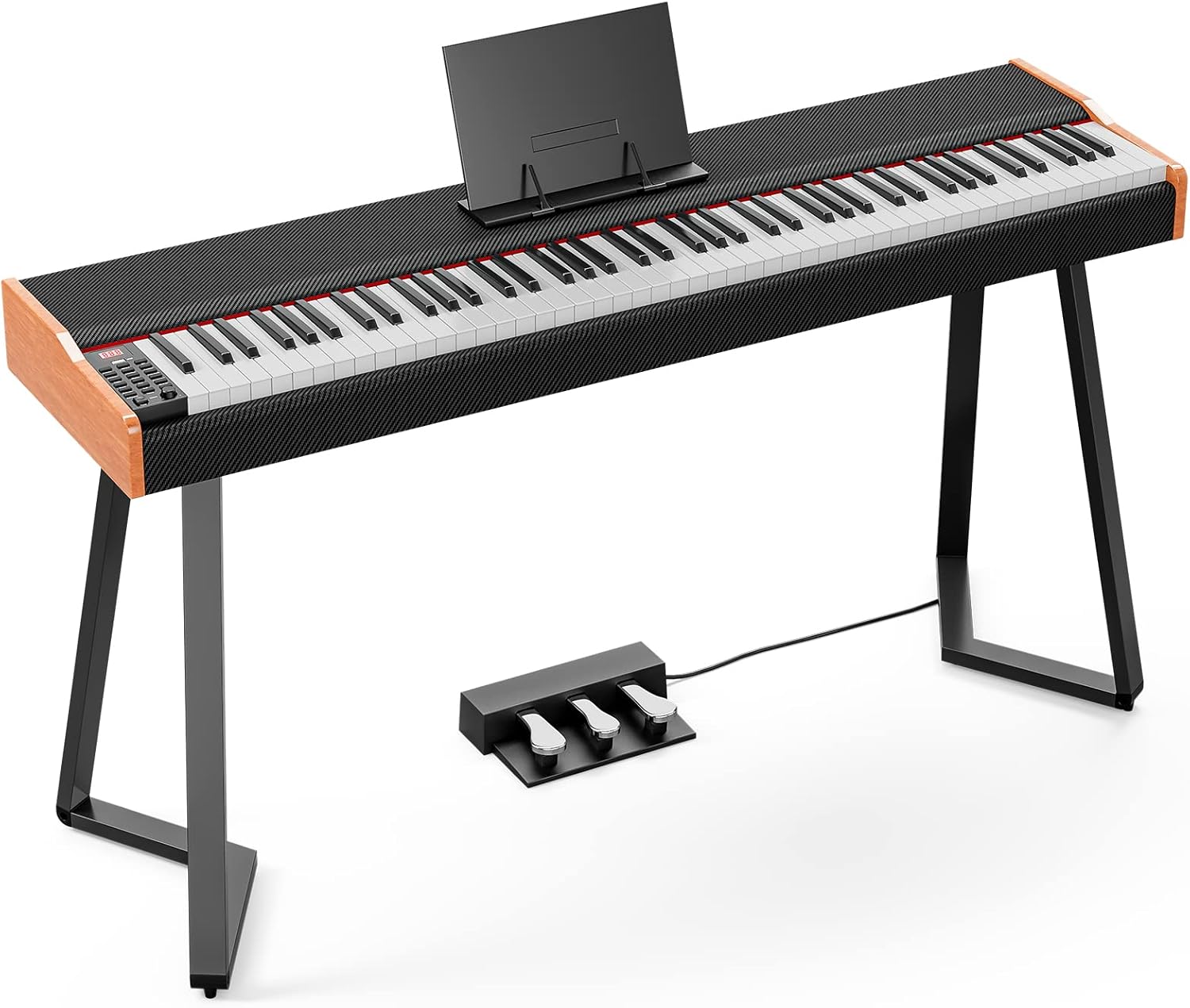 Umomo UMO-713 88-key weighted piano with a black carbon-look top, wood end caps, triangular black metal stand and a separate three-pedal unit
